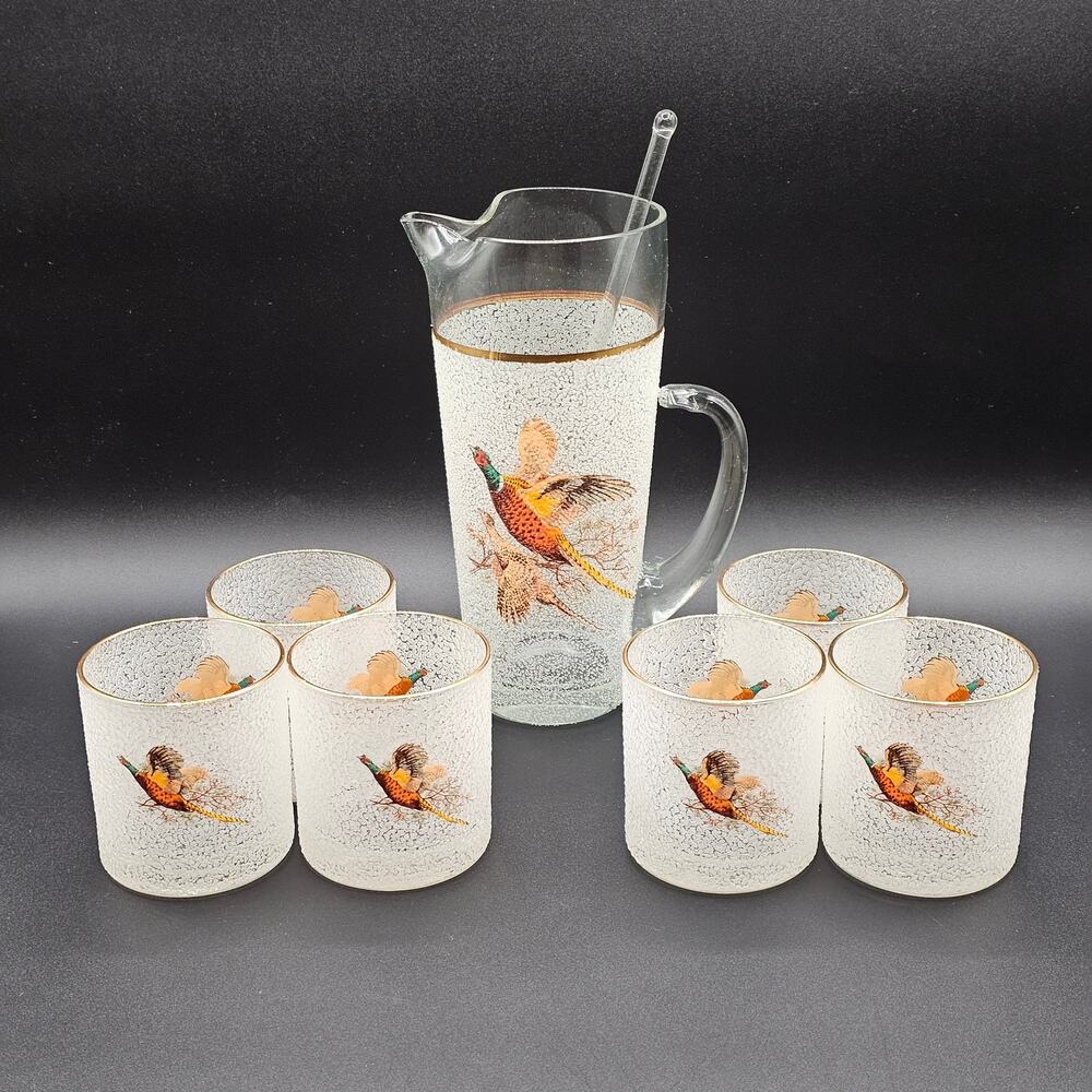 Vintage Pebble Rock Martini Pitcher Set Pheasant Gold Rim 6 Glasses Stirrer 50s